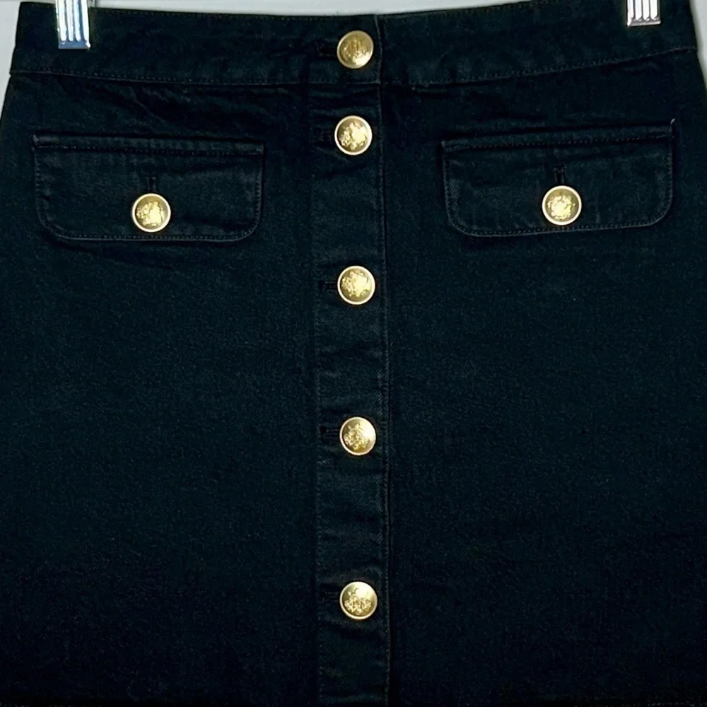 NWT J. Crew Black Denim Button-Up Mini Skirt, Gold Crest Buttons, Sizes 00, 0, 2